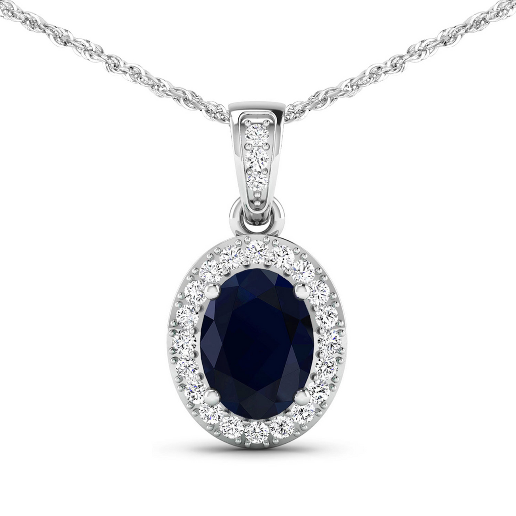 14K White Gold Blue Sapphire Diamond Pendant