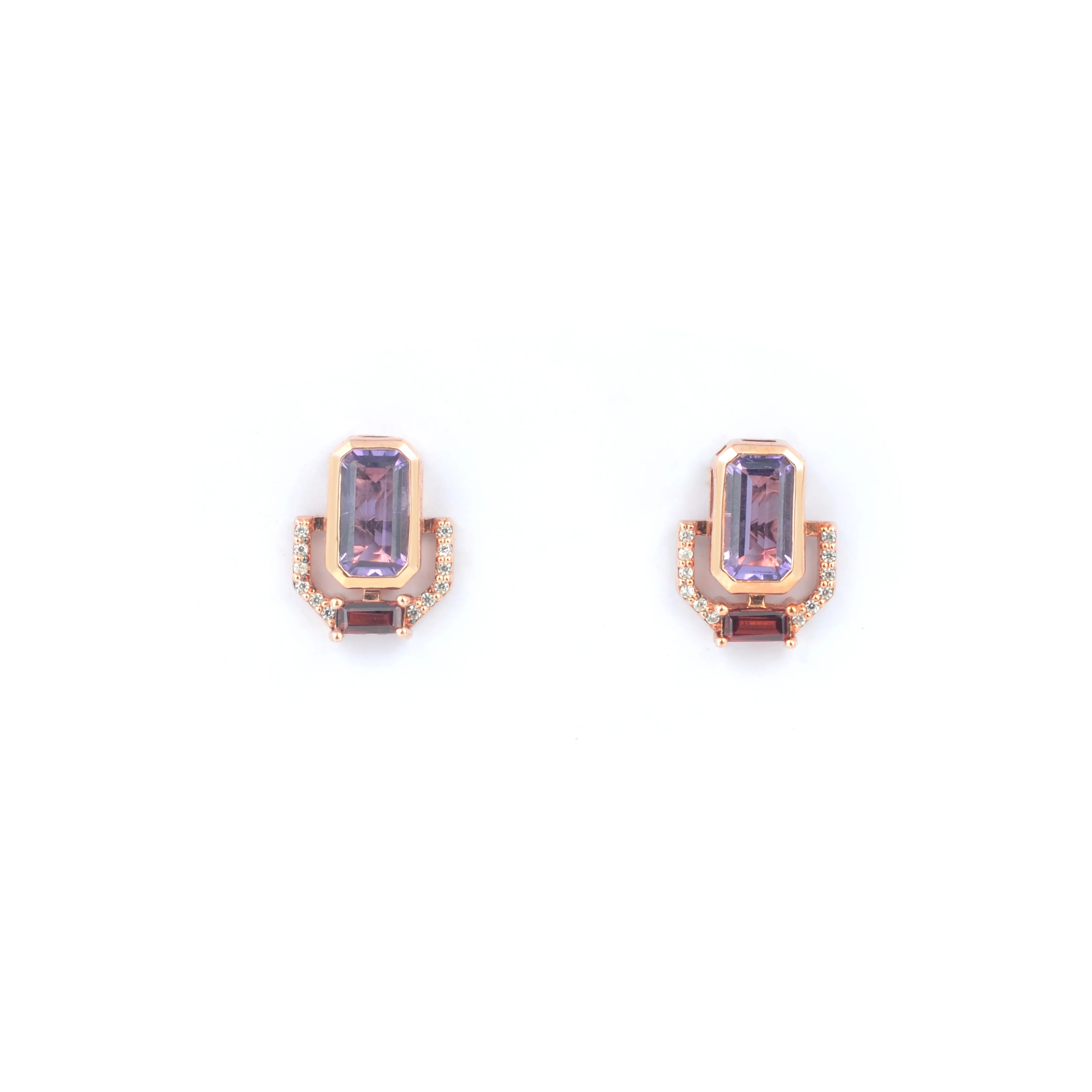 Emerald Cut Purple Amethyst Silver Stud Earrings
