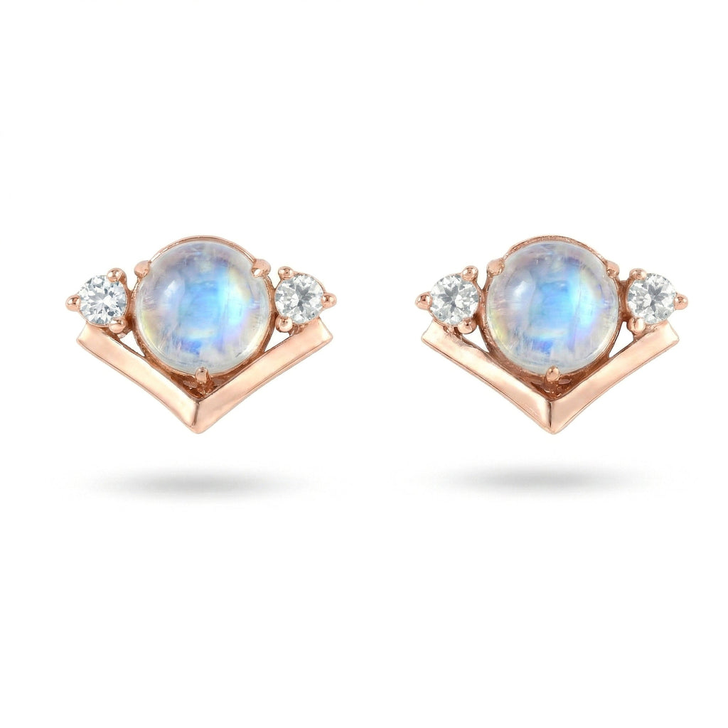 2.48 Ct Round White Rainbow Moonstone Prong 14K Rose Gold Over Silver Chevron Stud Earrings