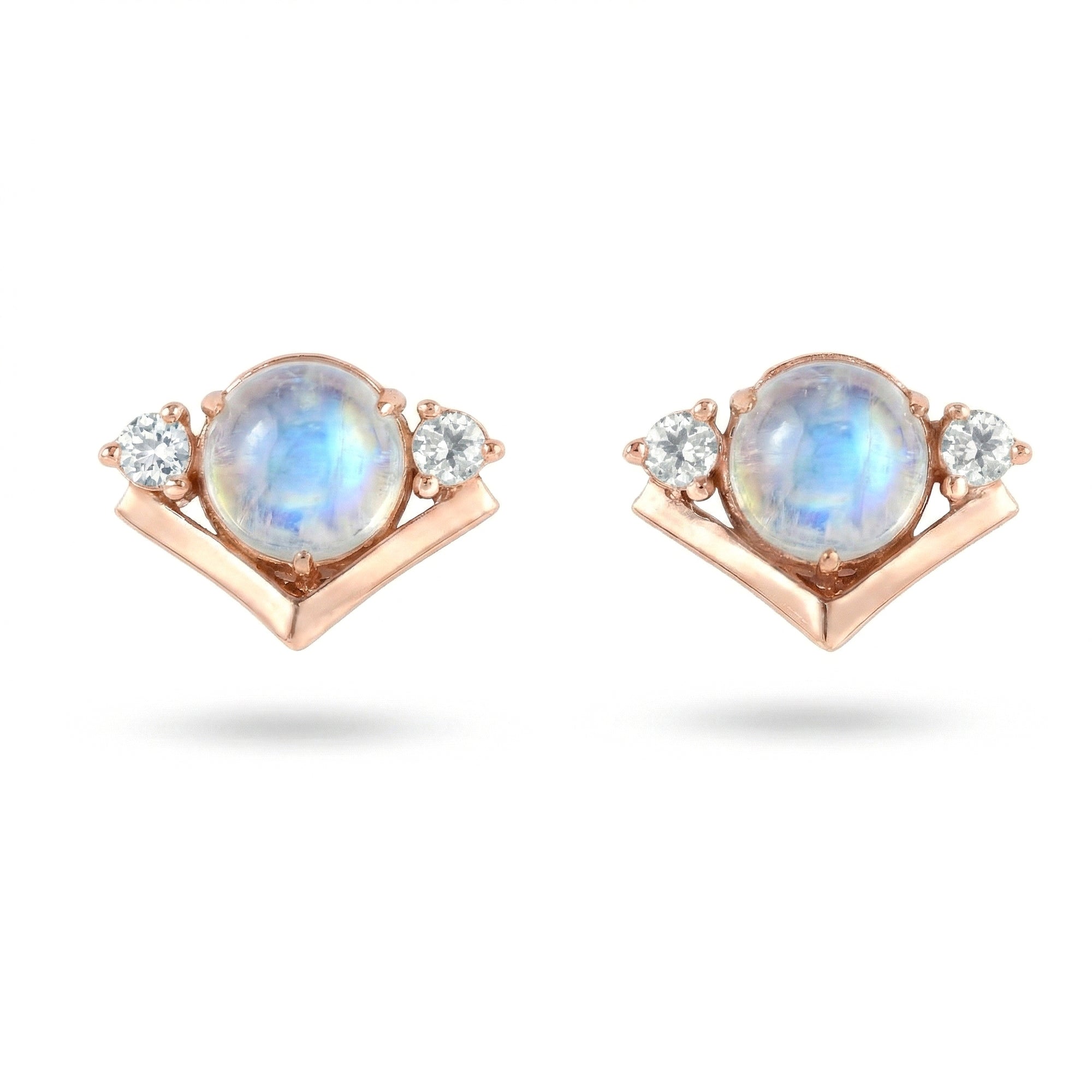 2.48 Ct Round White Rainbow Moonstone Prong 14K Rose Gold Over Silver Chevron Stud Earrings