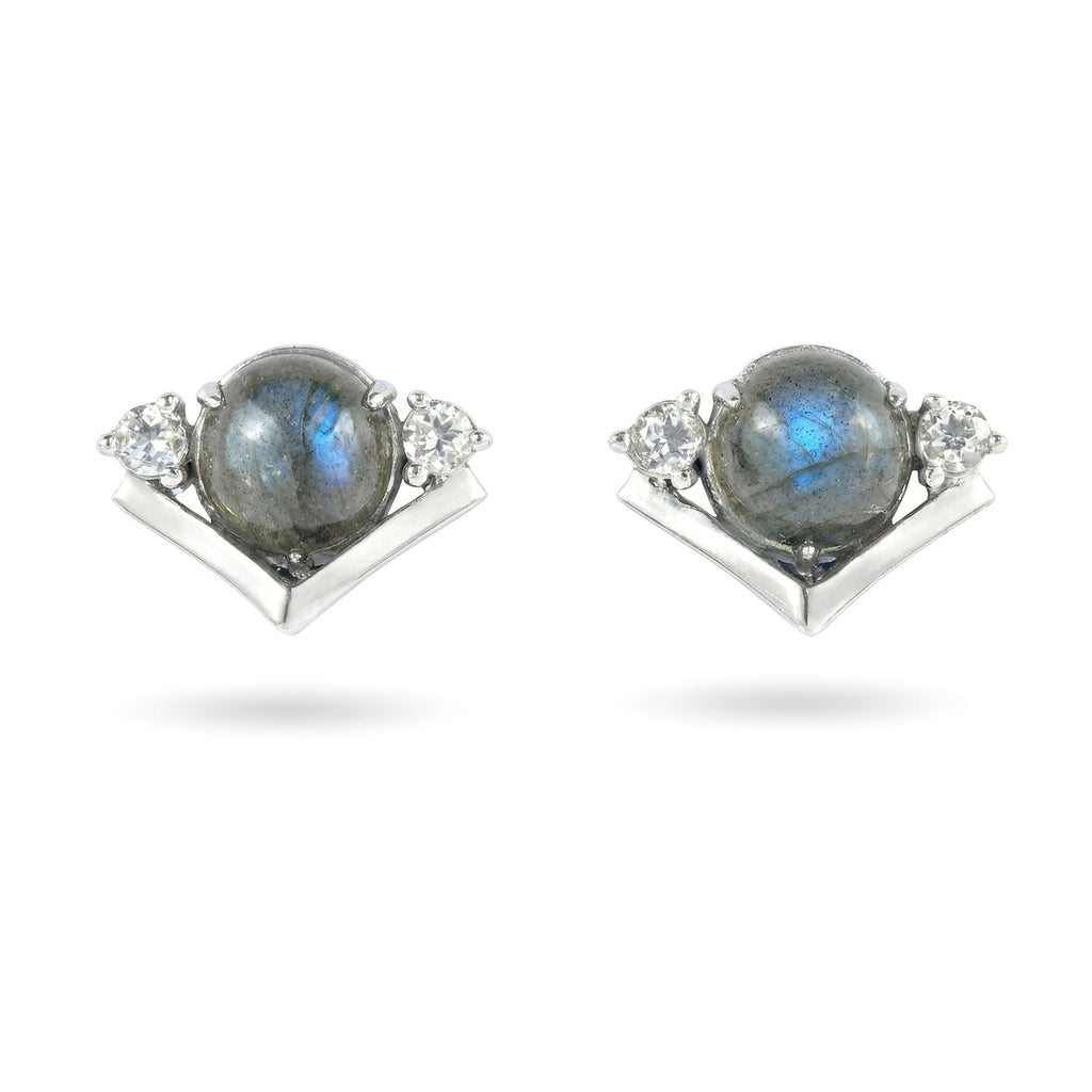 2.48 Ct Round Grey Labradorite Prong Rhodium Over Silver Chevron Stud Earrings