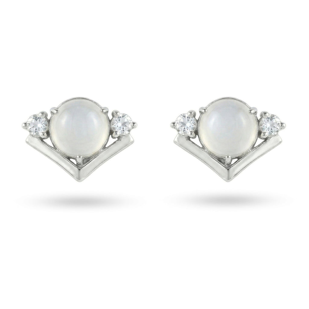 2.48 Ct Round White Moonstone Prong Rhodium Over Silver Chevron Stud Earrings