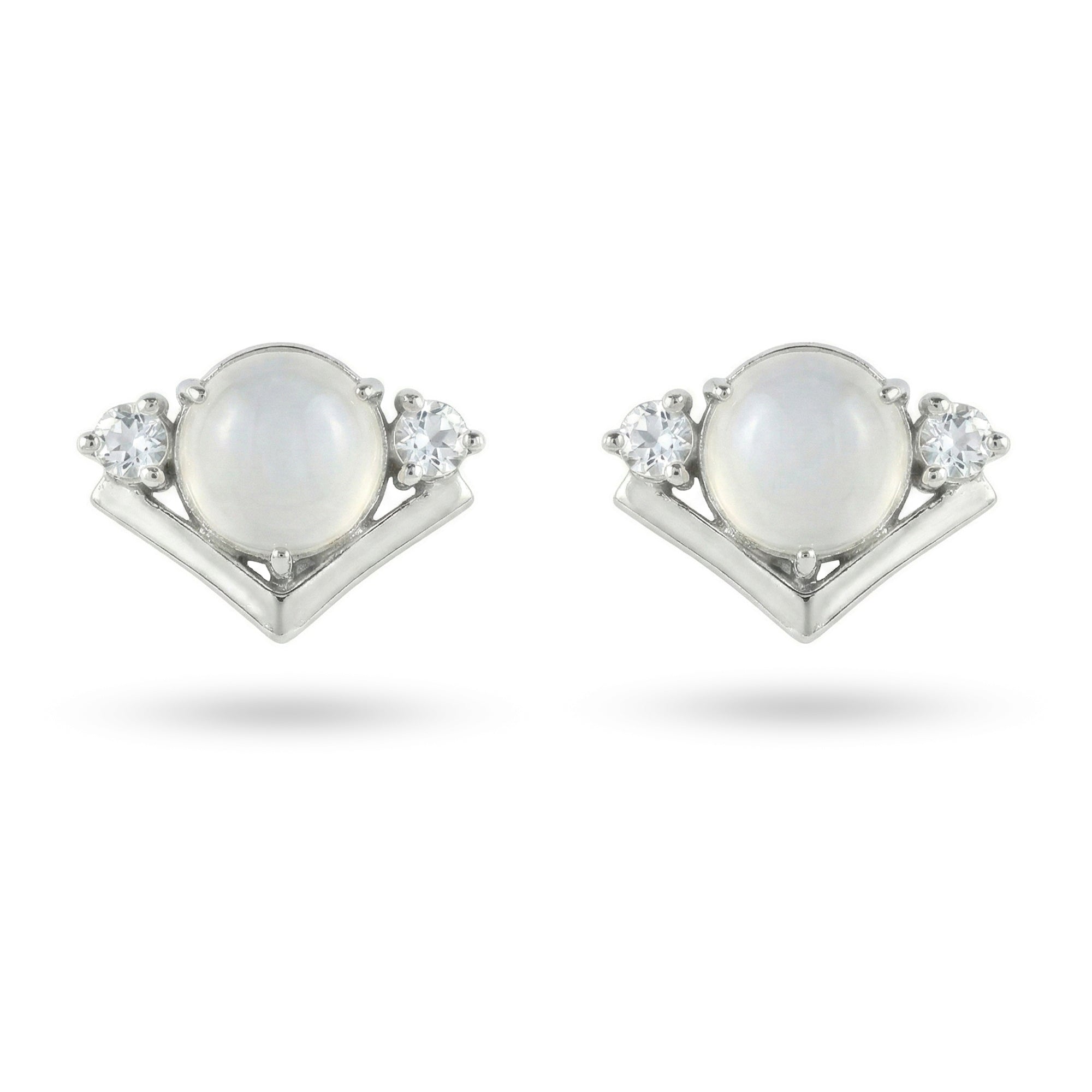 2.48 Ct Round White Moonstone Prong Rhodium Over Silver Chevron Stud Earrings