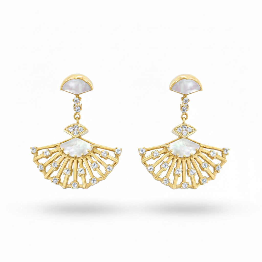 0.86 Ct White Mother of Pearl Prong 14K Yellow Gold Over Silver Fan Drop Earrings