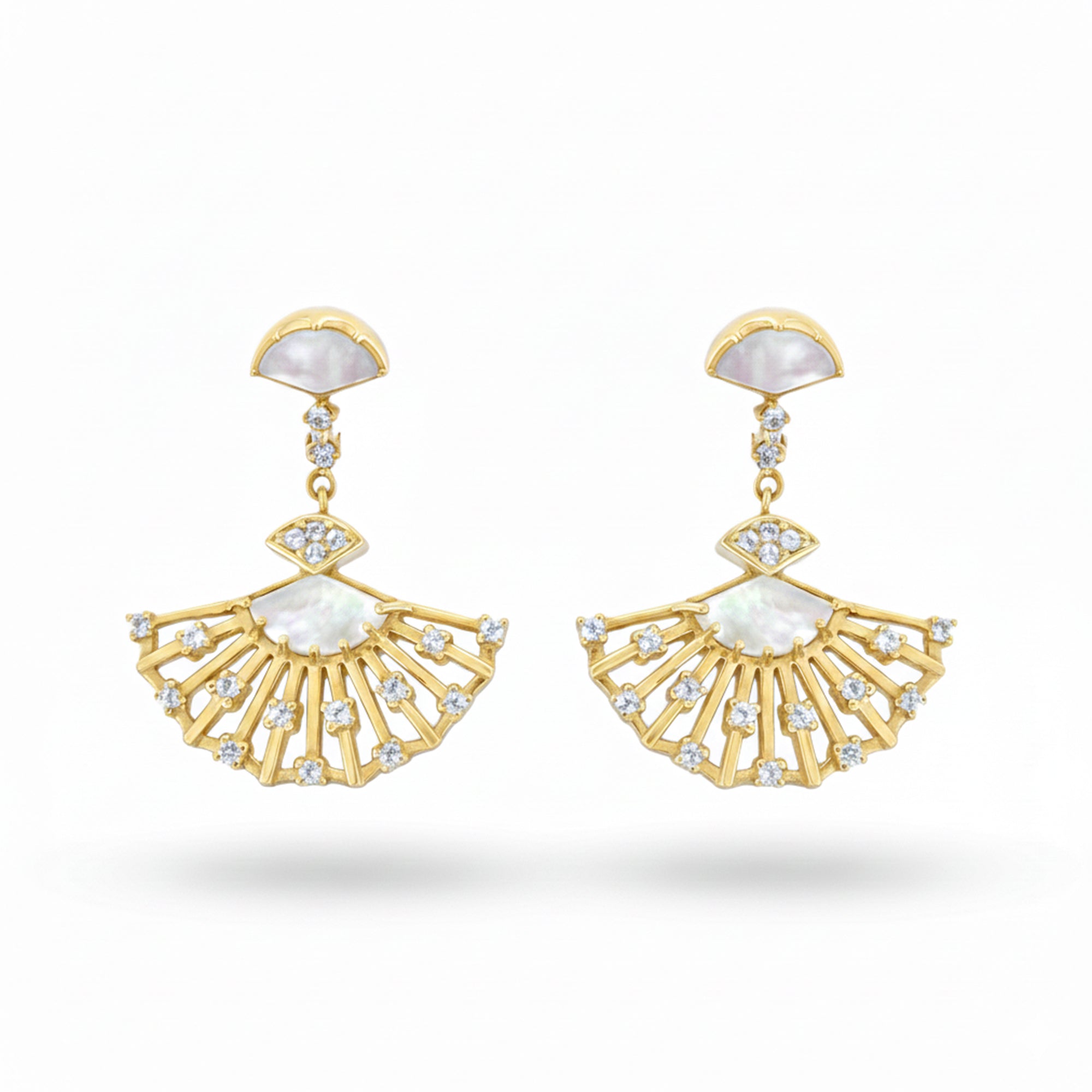 0.86 Ct White Mother of Pearl Prong 14K Yellow Gold Over Silver Fan Drop Earrings