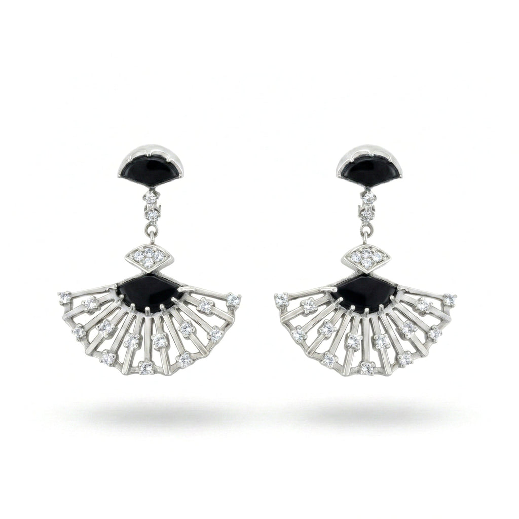 1.56 Ct Black Onyx Prong Rhodium Over Sterling Silver Fan Drop Earrings