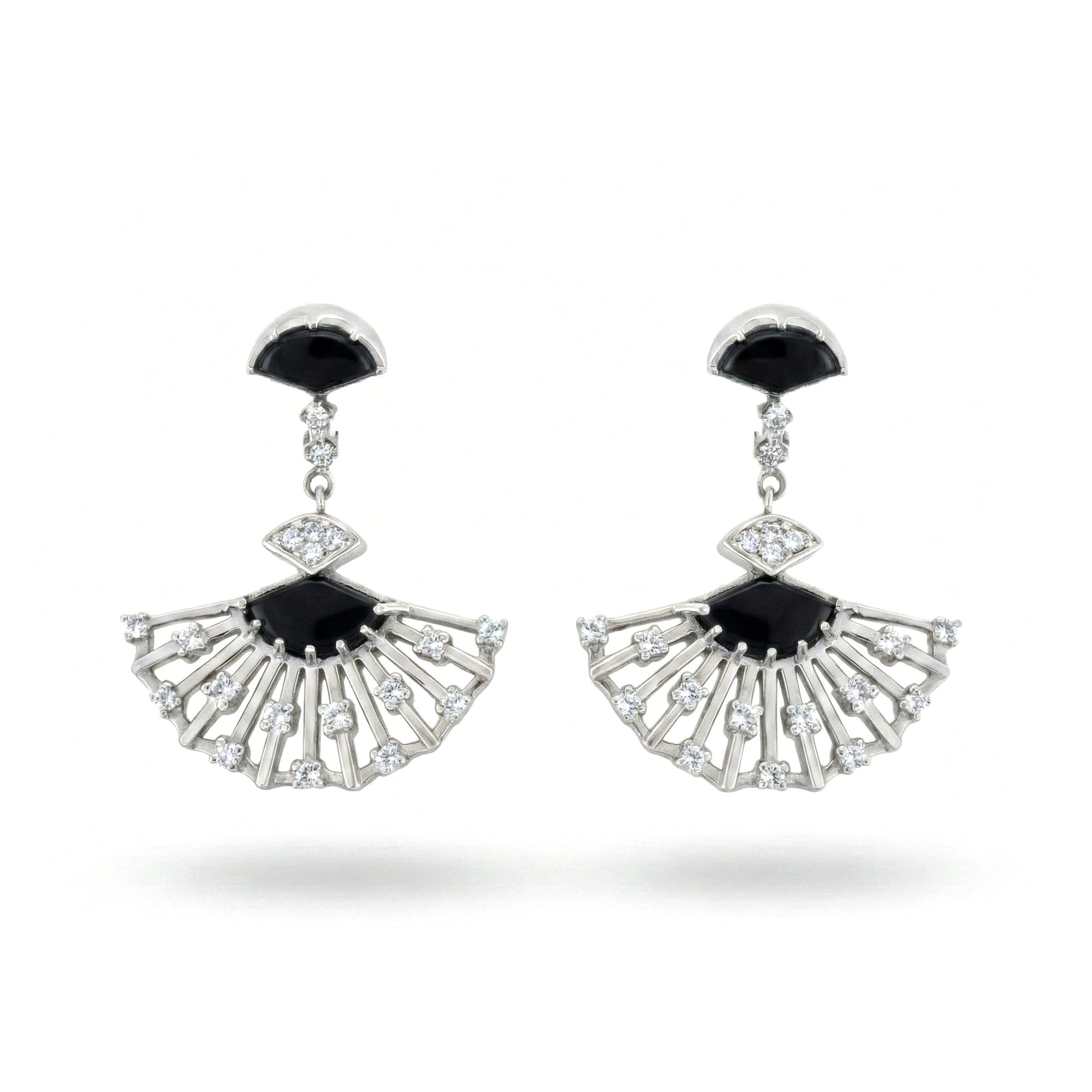1.56 Ct Black Onyx Prong Rhodium Over Sterling Silver Fan Drop Earrings