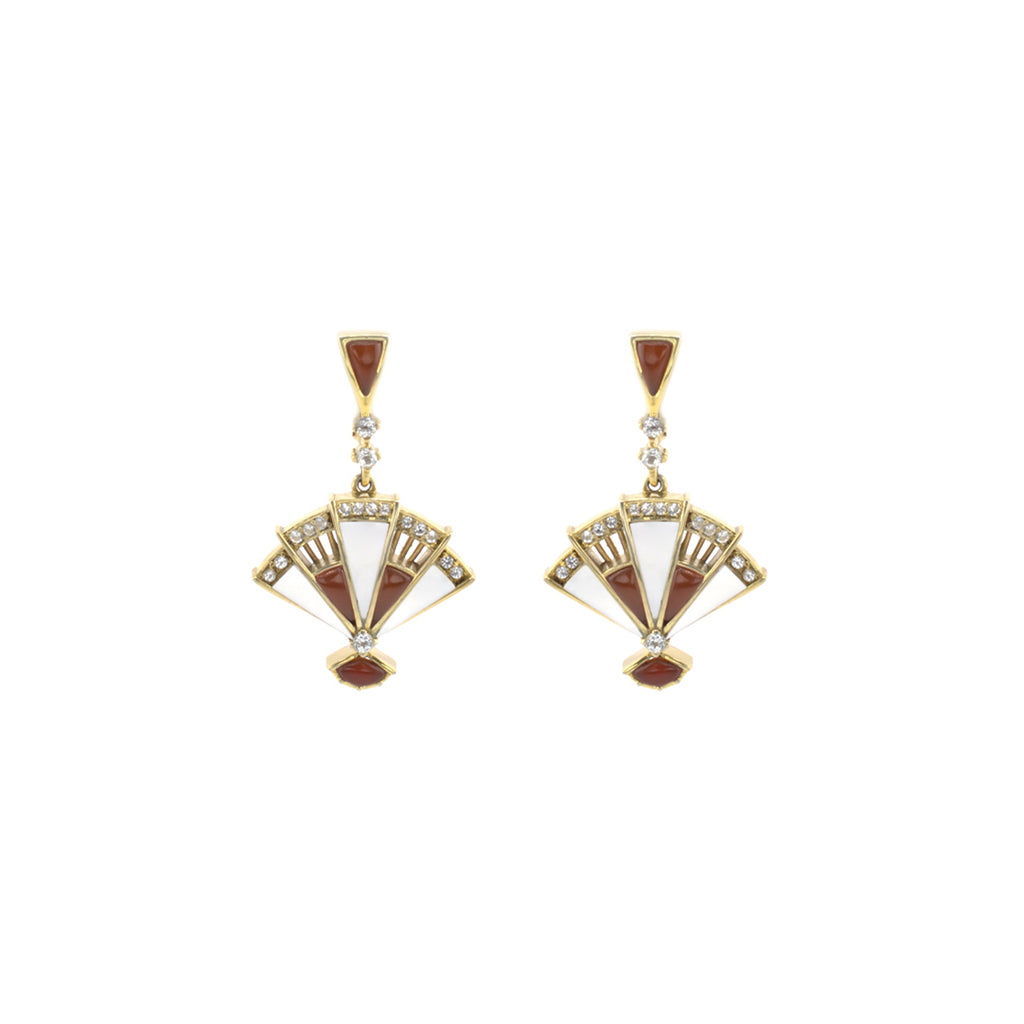 0.48 Ct White Mother of Pearl Inlay 14K Yellow Gold Over Silver Fan Drop Earrings