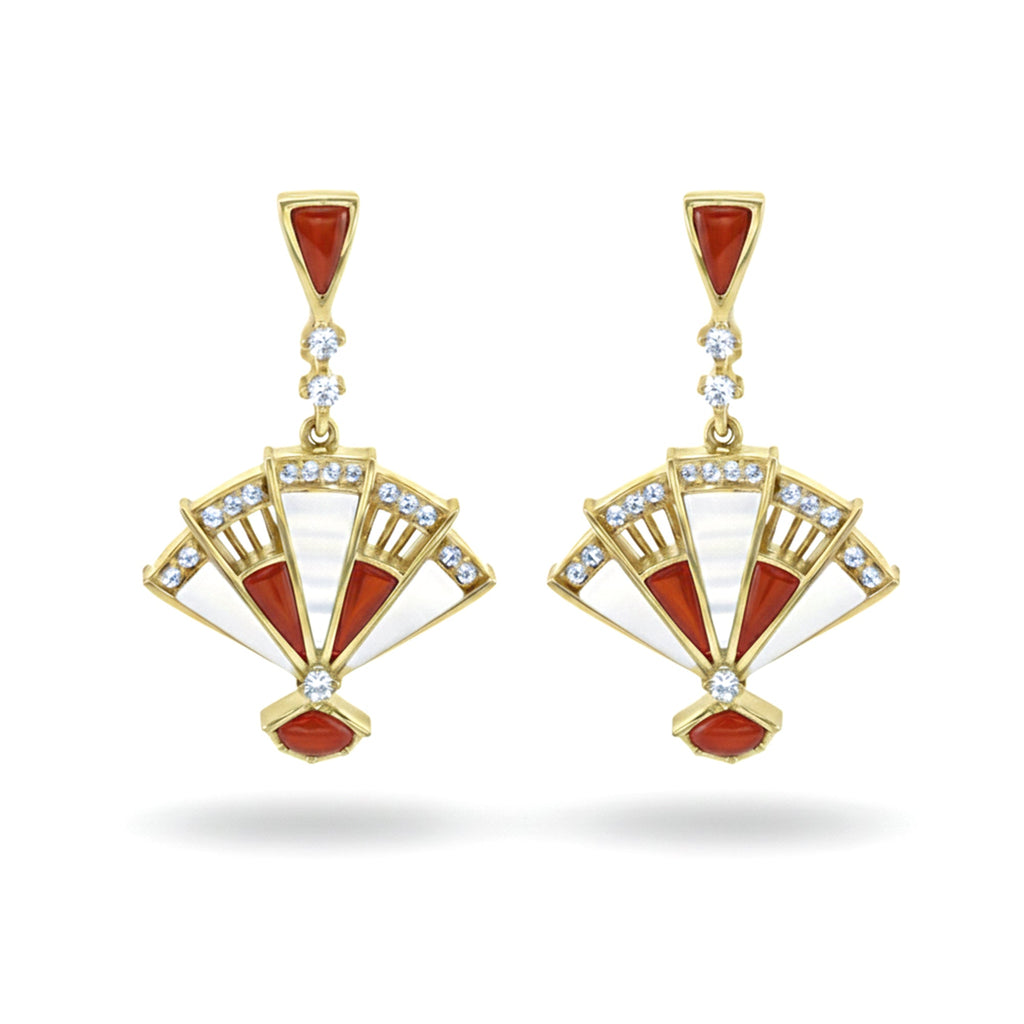 0.48 Ct White Mother of Pearl Inlay 14K Yellow Gold Over Silver Fan Drop Earrings