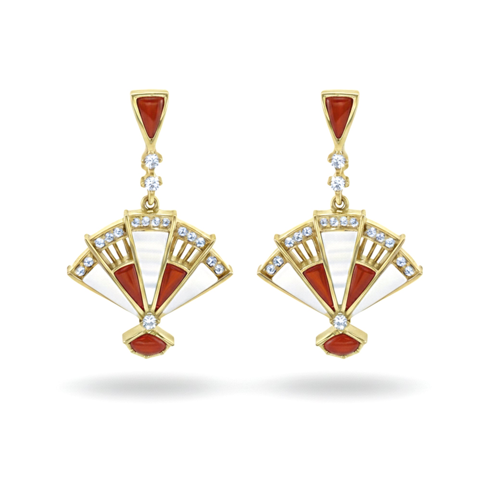 0.48 Ct White Mother of Pearl Inlay 14K Yellow Gold Over Silver Fan Drop Earrings