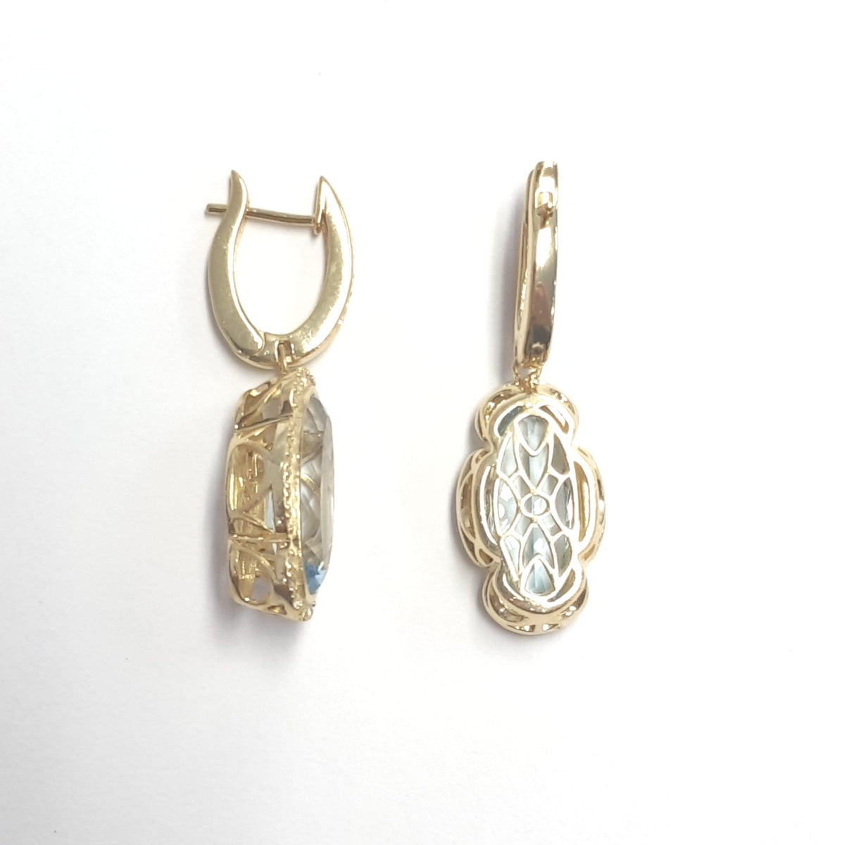 8.05 Ct Oval Sky Blue Topaz Bezel 14K Yellow Gold Over Silver Vintage Drop Earrings