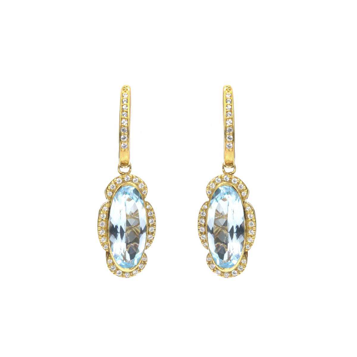 8.05 Ct Oval Sky Blue Topaz Bezel 14K Yellow Gold Over Silver Vintage Drop Earrings