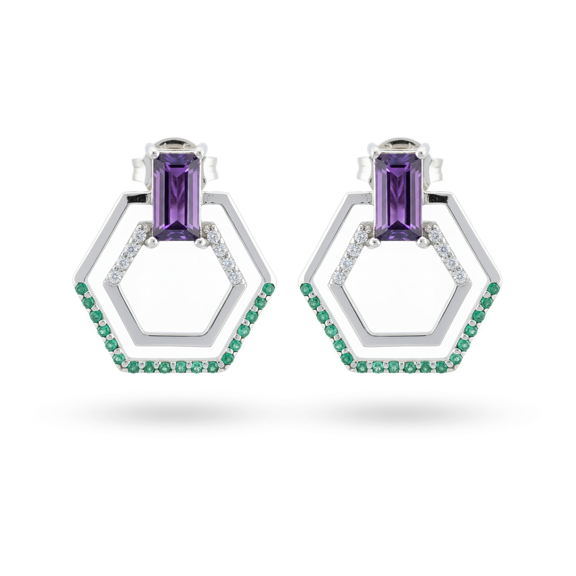1.66 Ct Baguette Purple Amethyst Prong Rhodium Over Silver Earrings