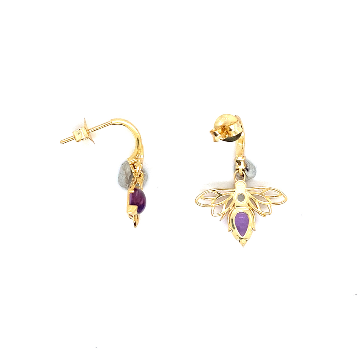 2.17 Ct Pear Purple Amethyst Bezel 14K Yellow Gold Over Silver Bee Drop Earrings