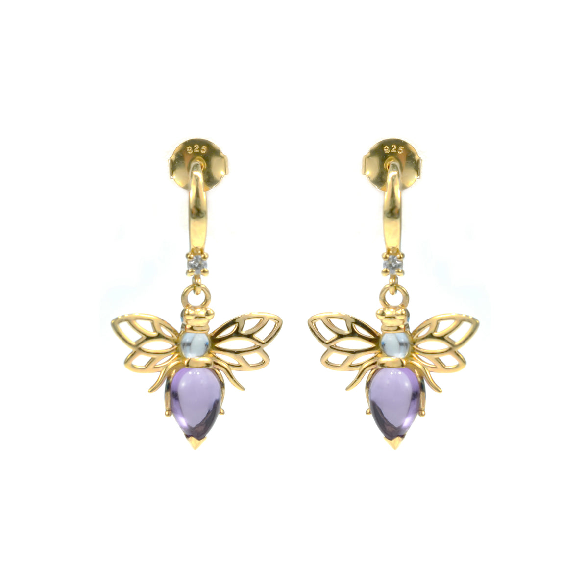 2.17 Ct Pear Purple Amethyst Bezel 14K Yellow Gold Over Silver Bee Drop Earrings