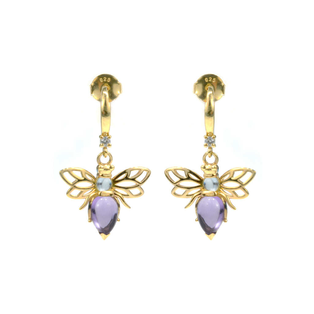 2.17 Ct Pear Purple Amethyst Bezel 14K Yellow Gold Over Silver Bee Drop Earrings