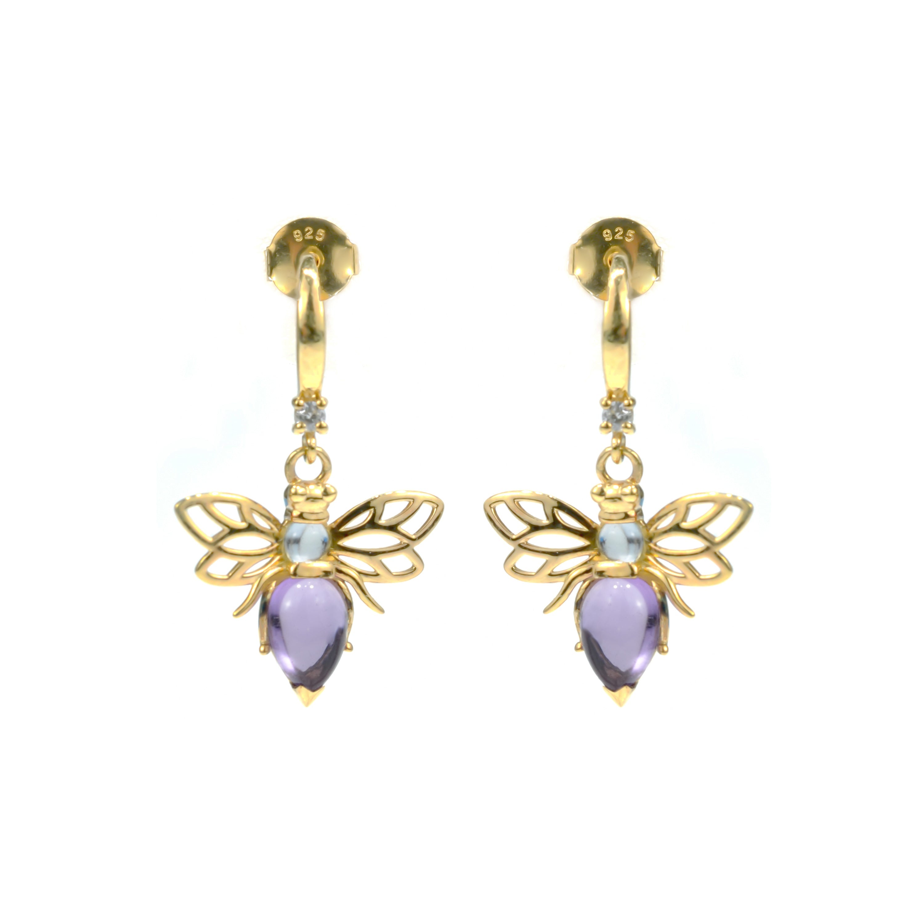 2.17 Ct Pear Purple Amethyst Bezel 14K Yellow Gold Over Silver Bee Drop Earrings