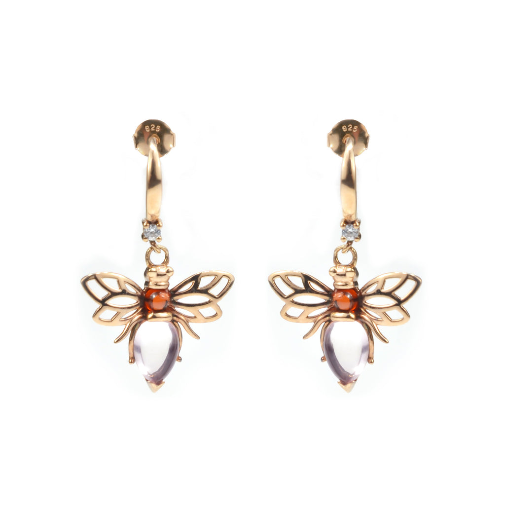 2.05 Ct Pear Pink Rose Quartz Bezel 14K Rose Gold Over Silver Bee Drop Earrings