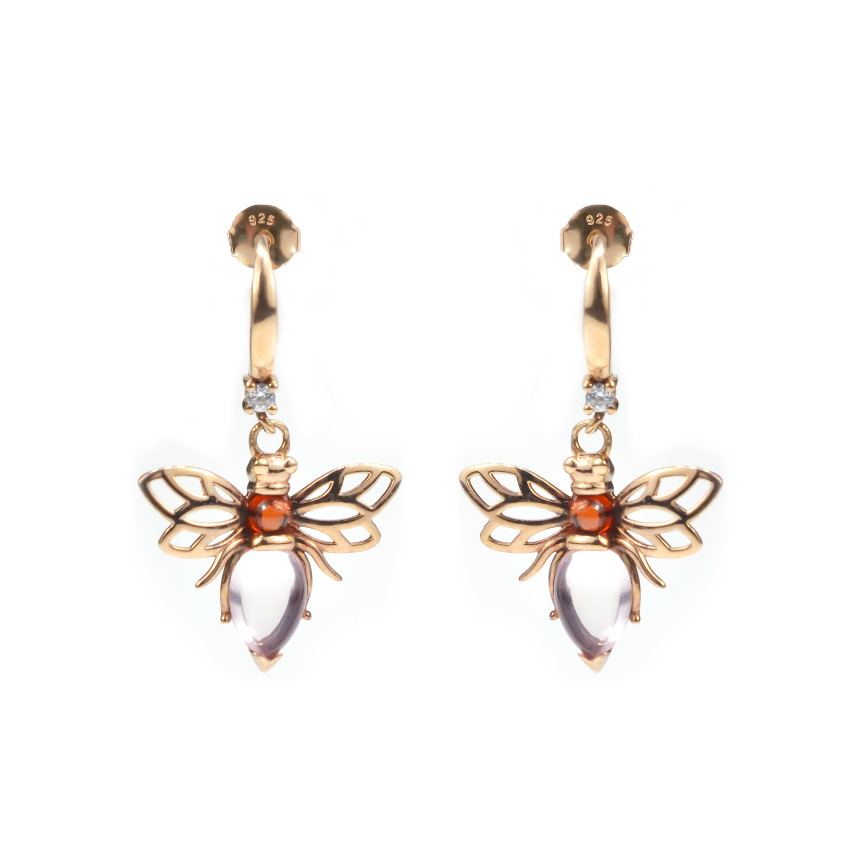 2.05 Ct Pear Pink Rose Quartz Bezel 14K Rose Gold Over Silver Bee Drop Earrings
