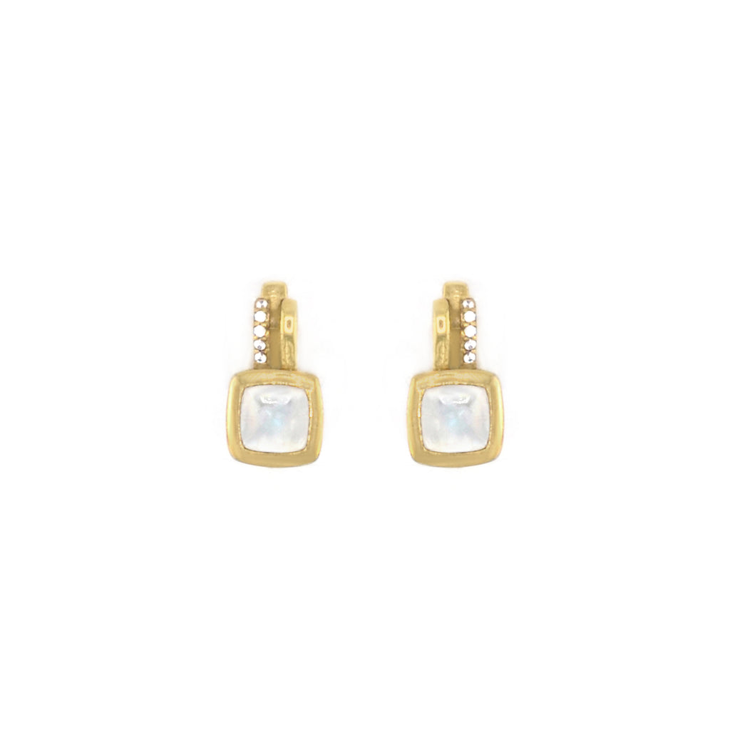 1.27 Ct Cushion White Rainbow Moonstone Bezel 14K Yellow Gold Over Silver Drop Earrings