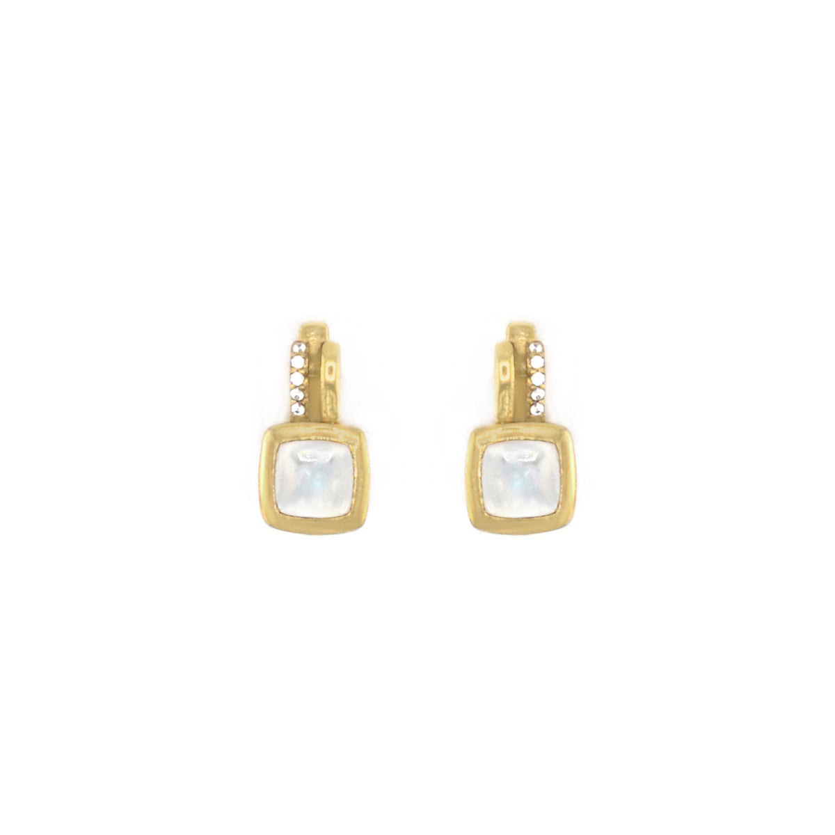 1.27 Ct Cushion White Rainbow Moonstone Bezel 14K Yellow Gold Over Silver Drop Earrings