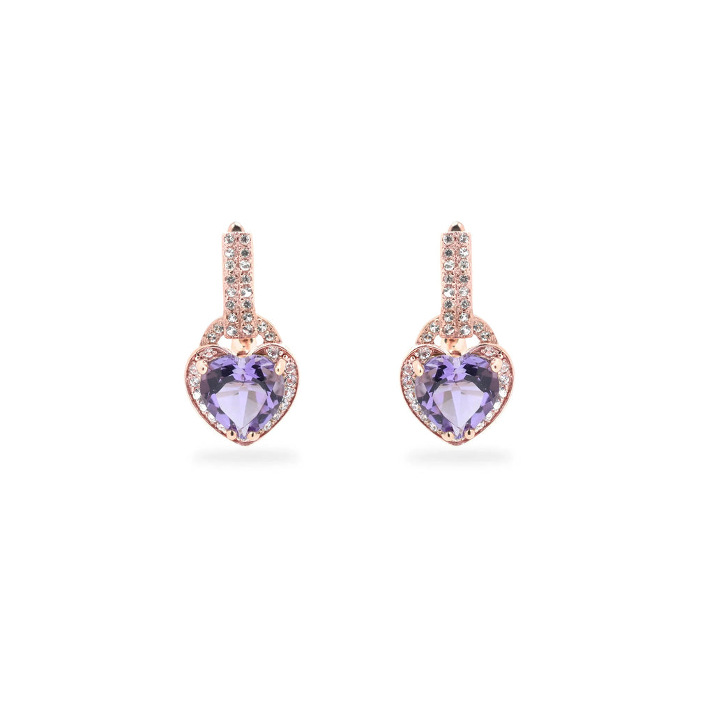 Natural Amethyst Heart Leverback Silver Drop Earrings