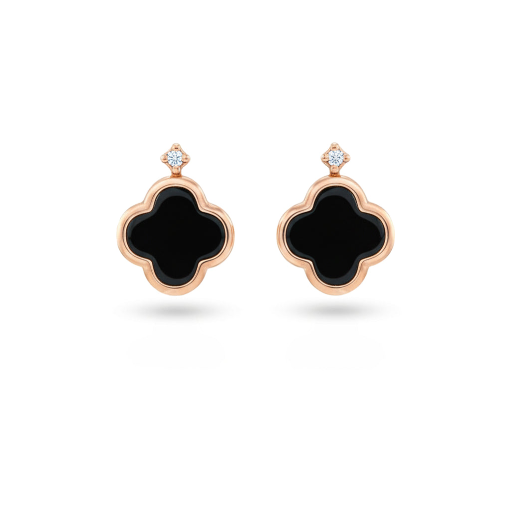 2.84 Ct Clover Black Onyx Bezel 14K Rose Gold Over Silver Quatrefoil Accent Stud Earrings