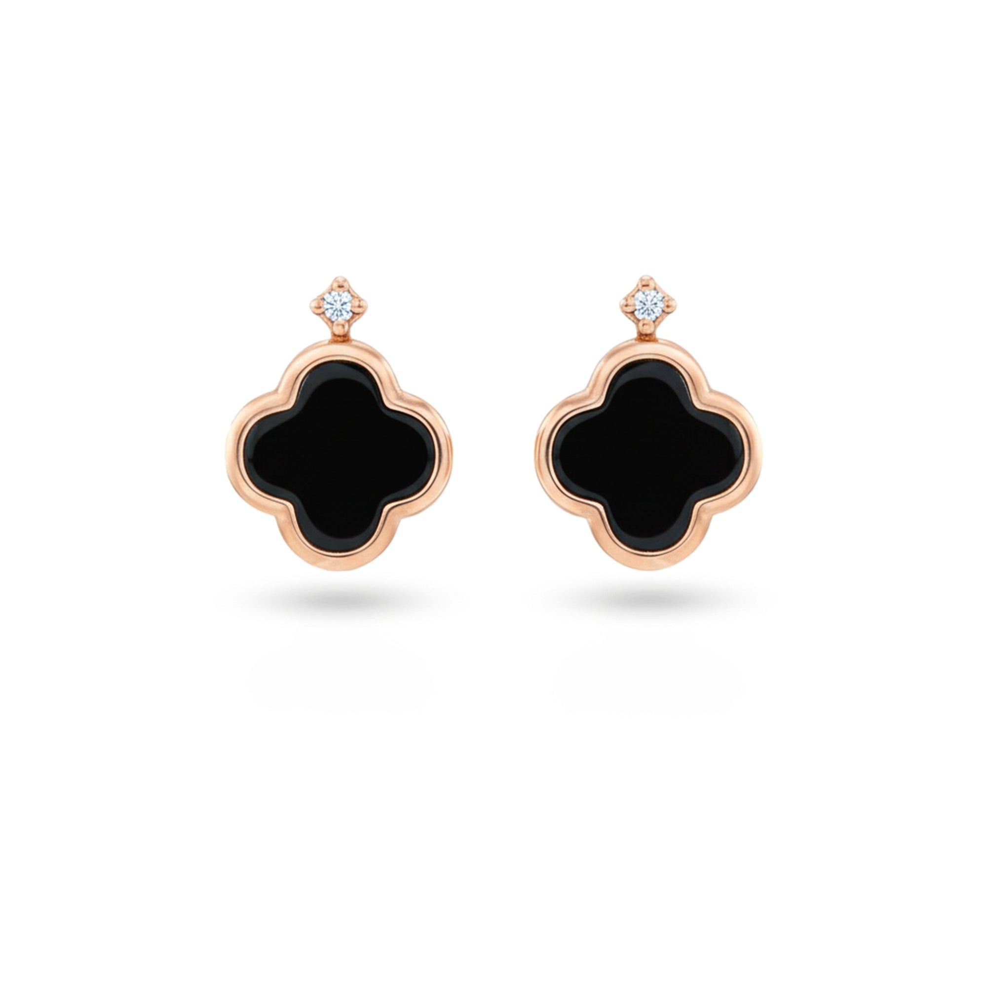 2.84 Ct Clover Black Onyx Bezel 14K Rose Gold Over Silver Quatrefoil Accent Stud Earrings