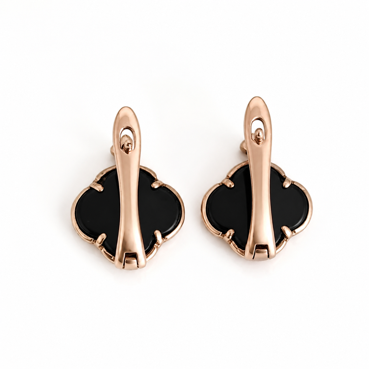 2.84 Ct Clover Black Onyx Bezel 14K Rose Gold Over Silver Quatrefoil Accent Stud Earrings