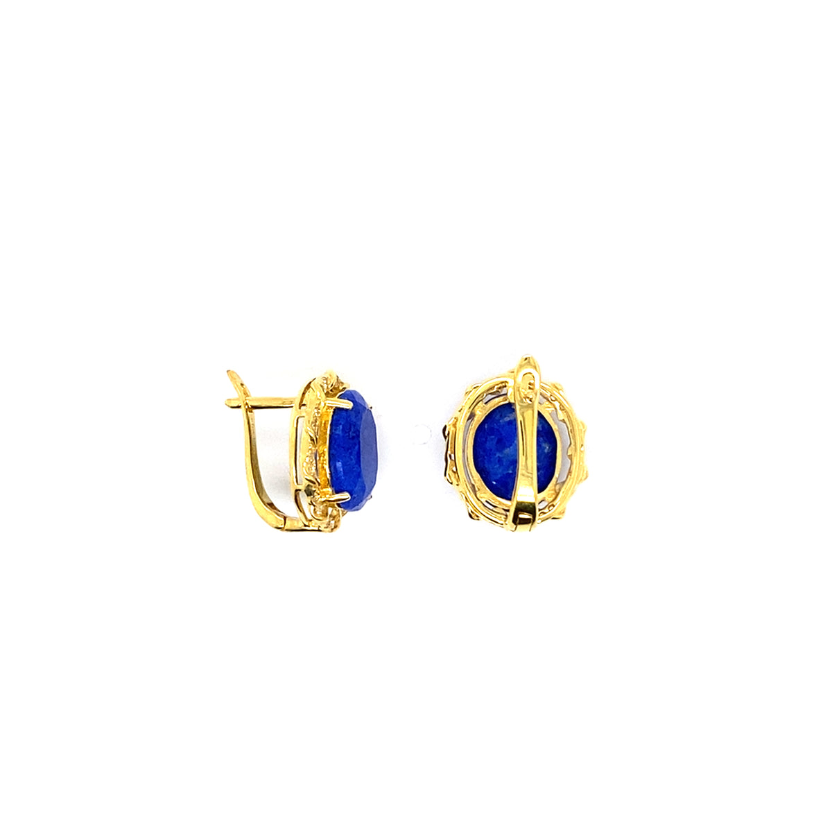 6.44 Ct Oval Blue Lapis Lazuli Prong 14K Yellow Gold Over Silver Scalloped Halo Stud Earrings