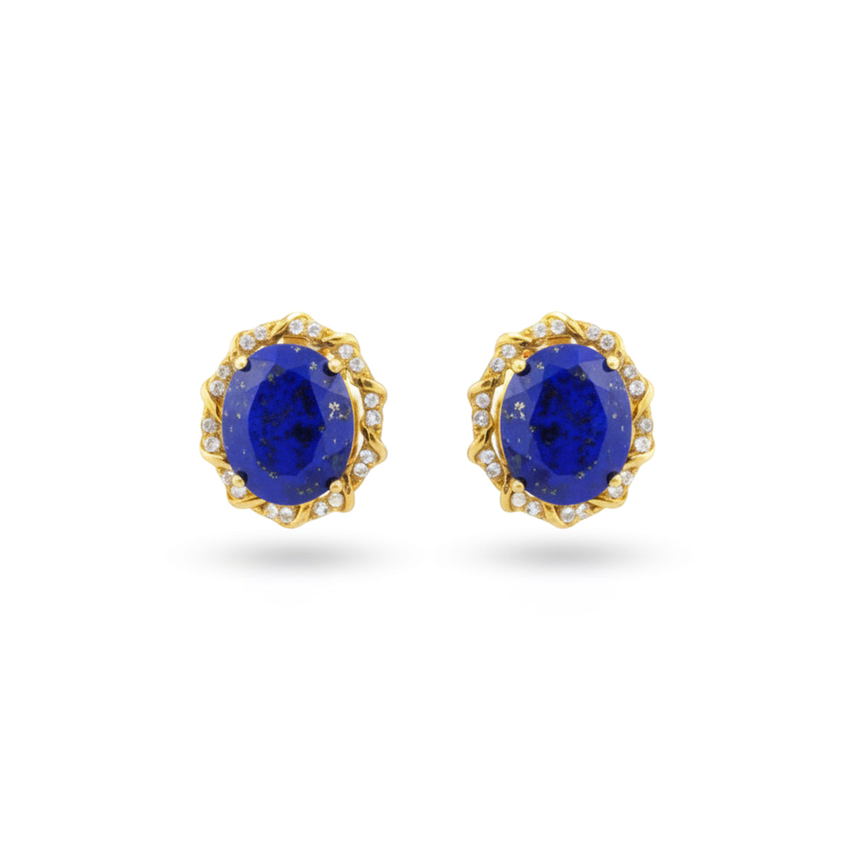 6.44 Ct Oval Blue Lapis Lazuli Prong 14K Yellow Gold Over Silver Scalloped Halo Stud Earrings