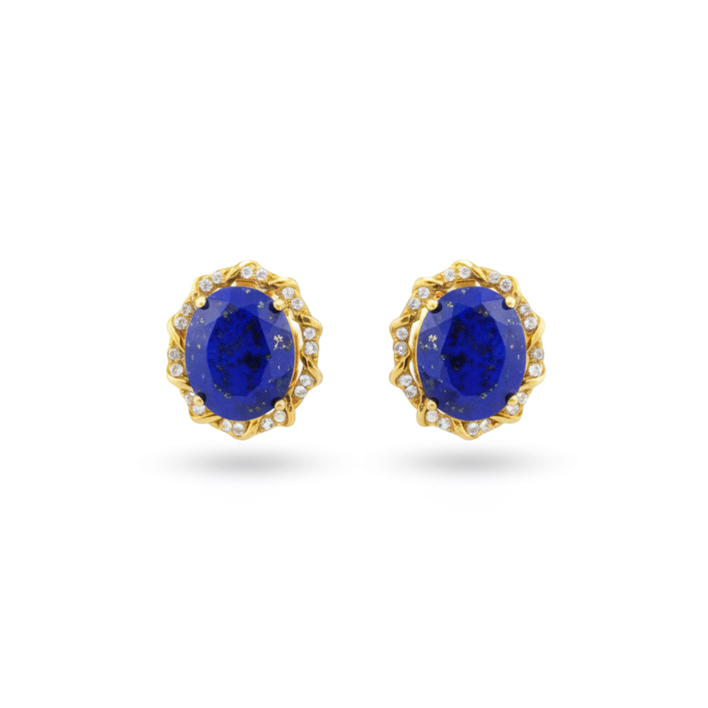 6.44 Ct Oval Blue Lapis Lazuli Prong 14K Yellow Gold Over Silver Scalloped Halo Stud Earrings