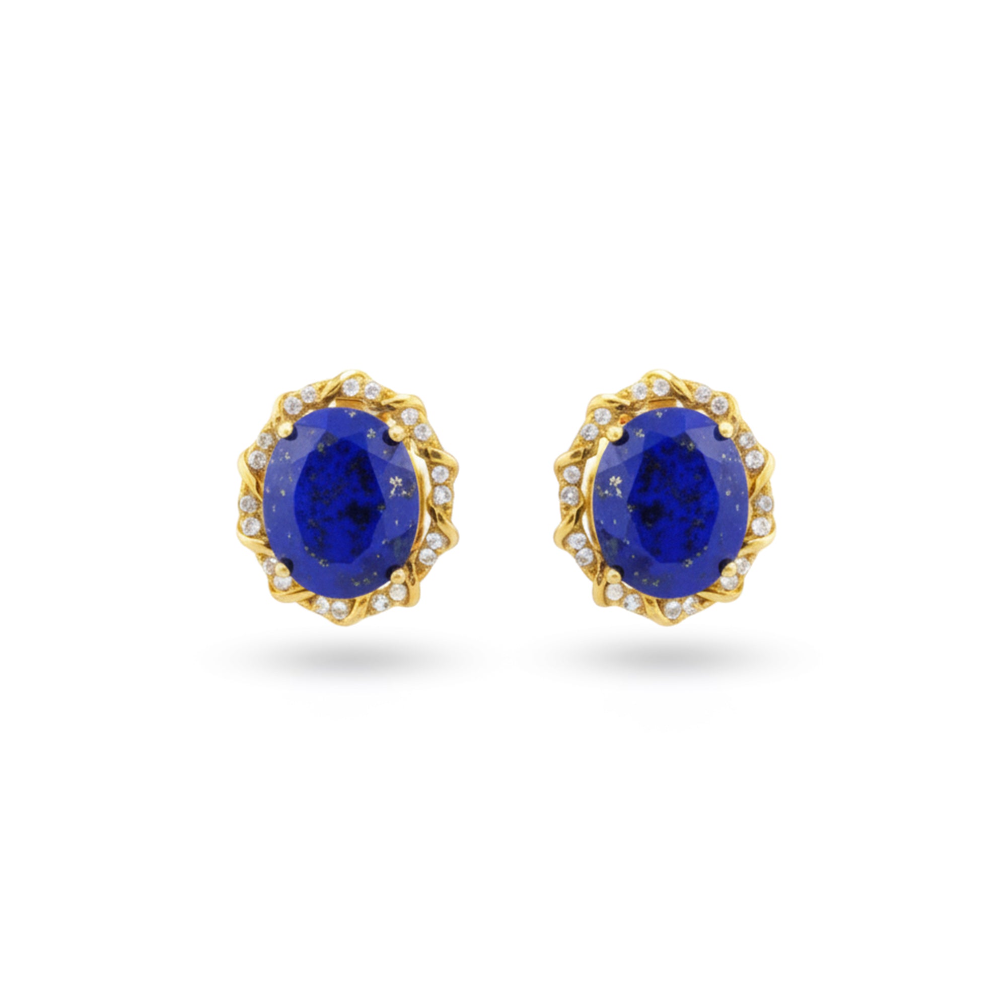 6.44 Ct Oval Blue Lapis Lazuli Prong 14K Yellow Gold Over Silver Scalloped Halo Stud Earrings