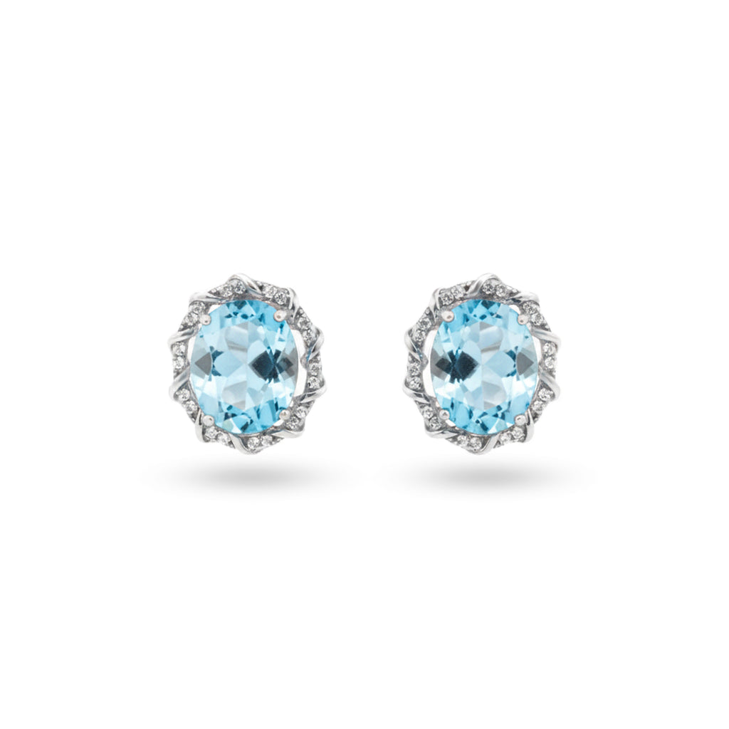 7.92 Ct Oval Sky Blue Topaz Prong Rhodium Over Silver Scalloped Halo Stud Earrings