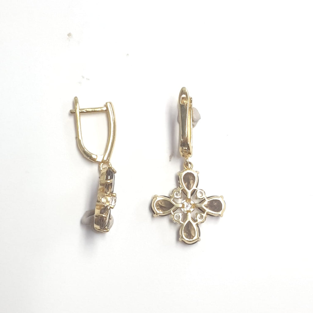 5.28 Ct Pear Brown Smoky Quartz Prong 14K Yellow Gold Over Silver Cross Cluster Drop Earrings