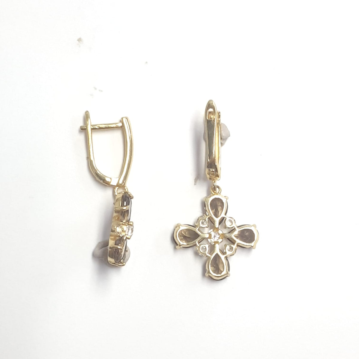 5.28 Ct Pear Brown Smoky Quartz Prong 14K Yellow Gold Over Silver Cross Cluster Drop Earrings