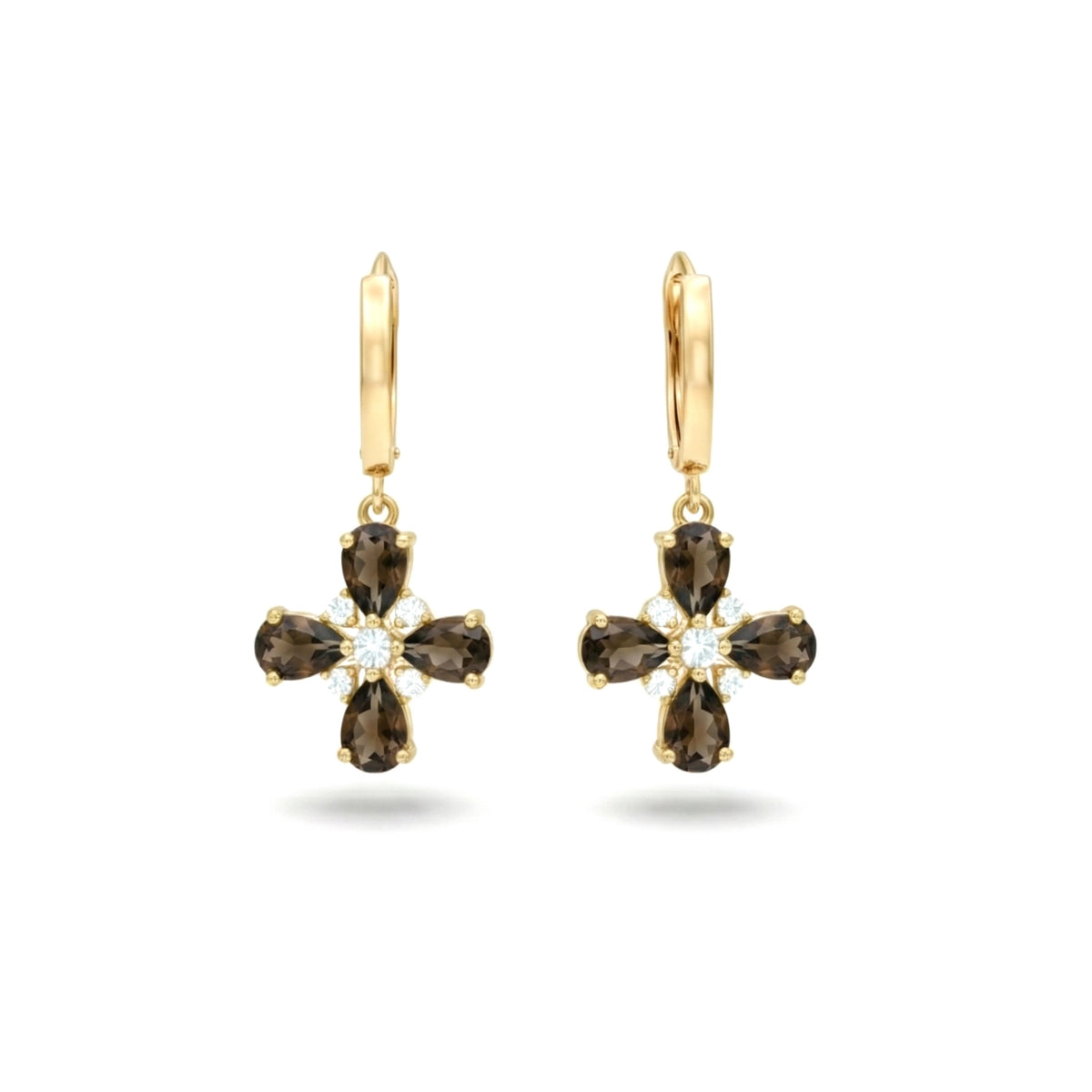 5.28 Ct Pear Brown Smoky Quartz Prong 14K Yellow Gold Over Silver Cross Cluster Drop Earrings