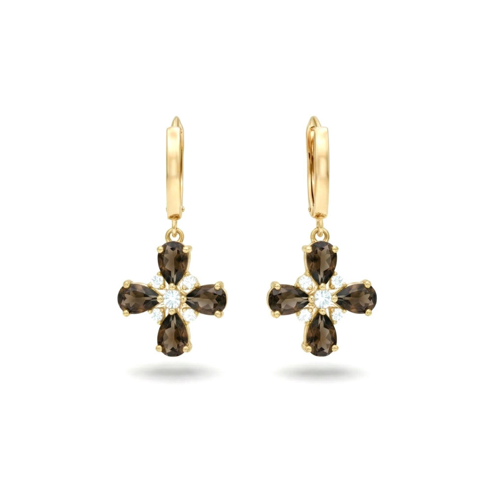 5.28 Ct Pear Brown Smoky Quartz Prong 14K Yellow Gold Over Silver Cross Cluster Drop Earrings