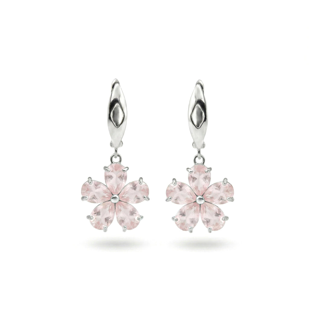 6.60 Ct Pear Pink Rose Quartz Prong Rhodium Over Silver Flower Cluster Drop Earrings