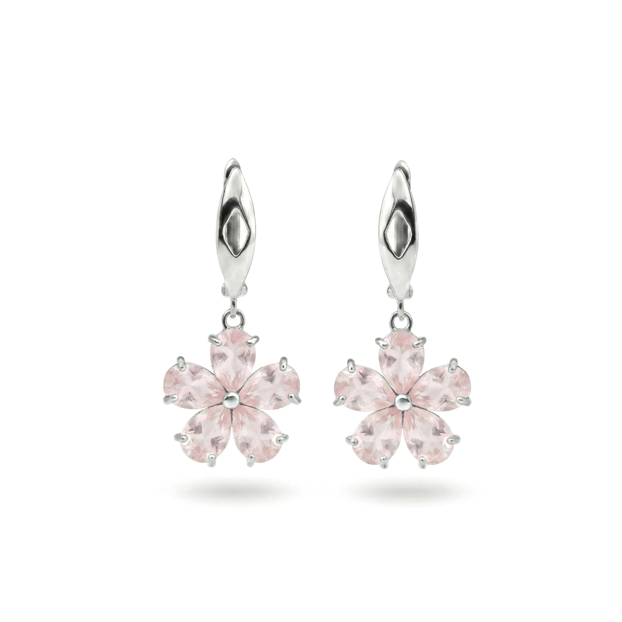 6.60 Ct Pear Pink Rose Quartz Prong Rhodium Over Silver Flower Cluster Drop Earrings