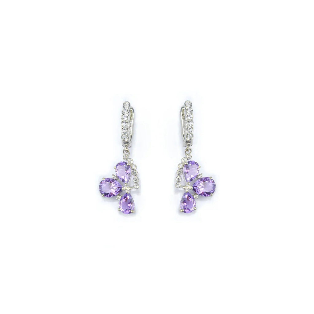 Natural Amethyst Three Stone Silver Dangle Earrings