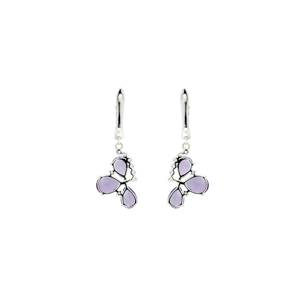 Natural Amethyst Three Stone Silver Dangle Earrings