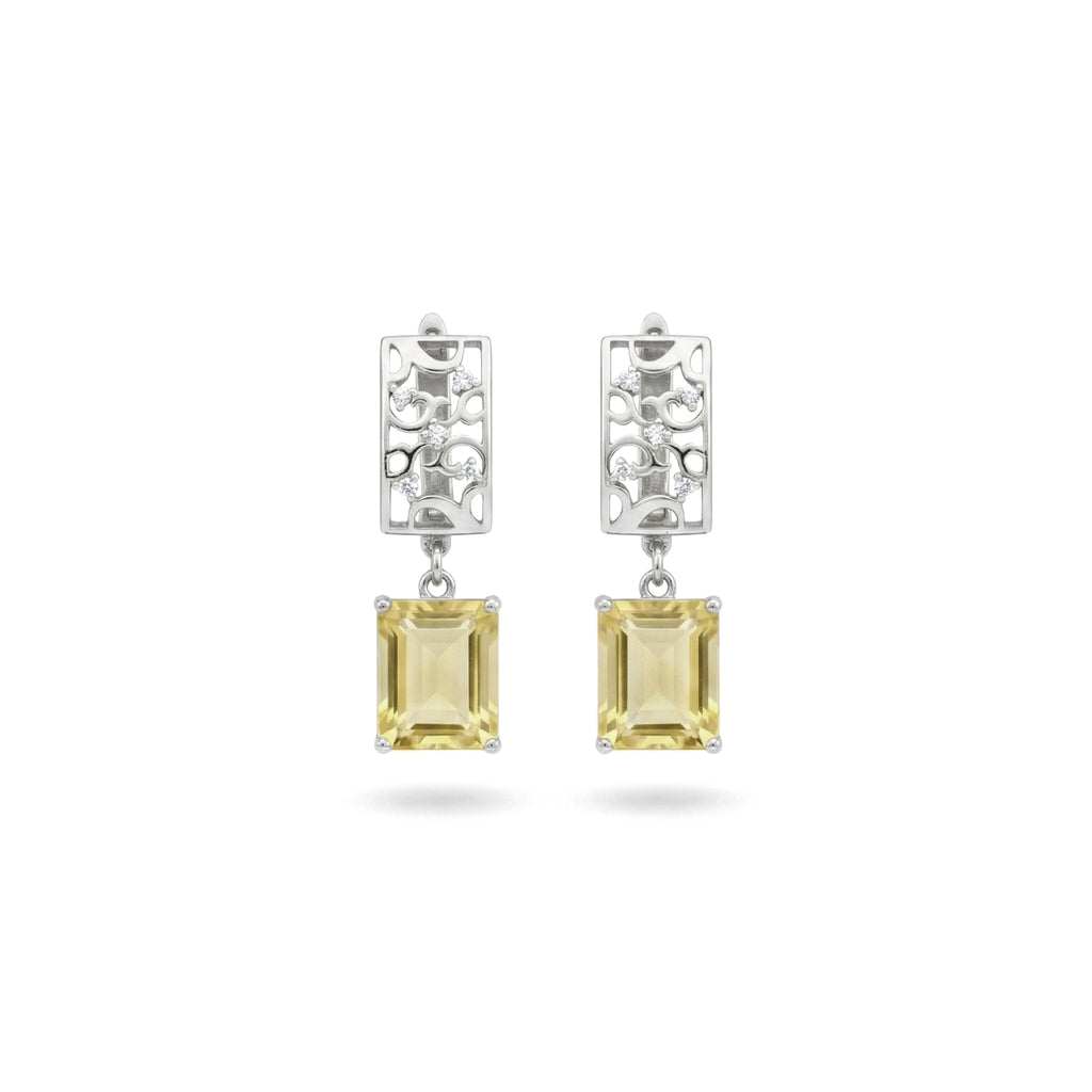 4.14 Ct Octagon Lemon Quartz Prong Rhodium Over Silver Filigree Drop Earrings