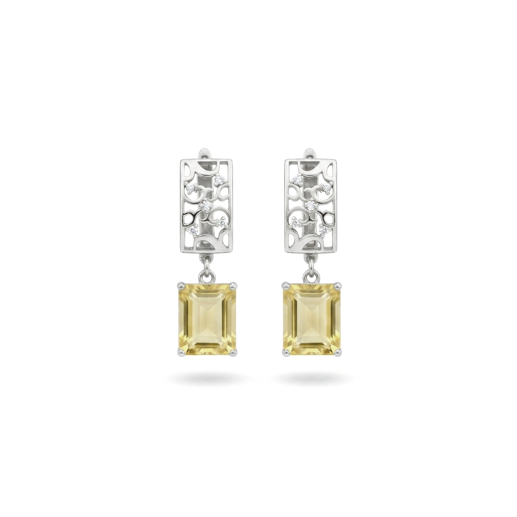 4.14 Ct Octagon Lemon Quartz Prong Rhodium Over Silver Filigree Drop Earrings