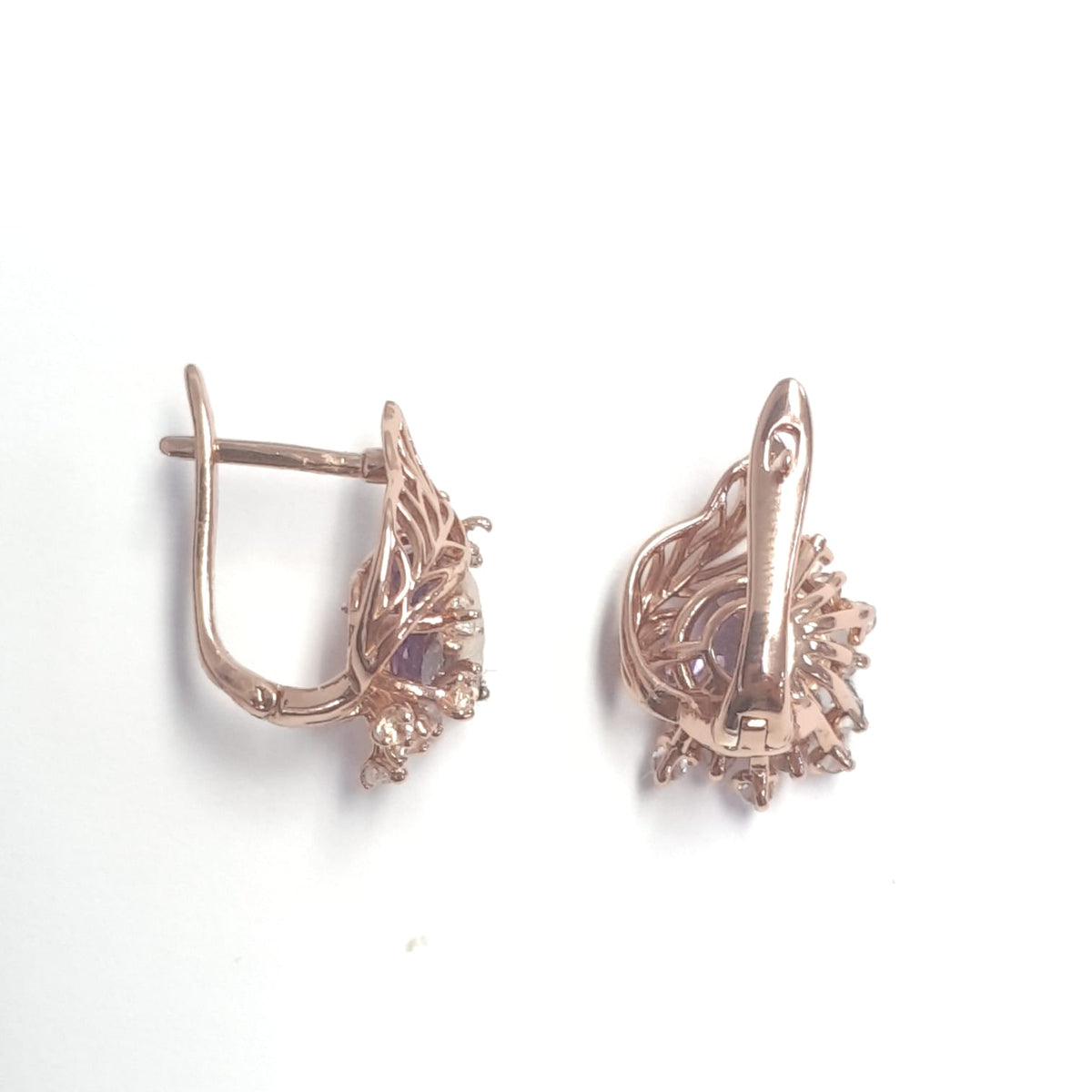 3.12 Ct Round Purple Amethyst Prong 14K Rose Gold Over Silver Asymmetric Leaf Earrings