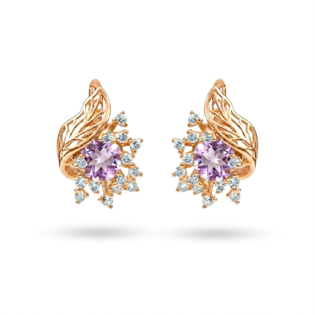 3.12 Ct Round Purple Amethyst Prong 14K Rose Gold Over Silver Asymmetric Leaf Earrings