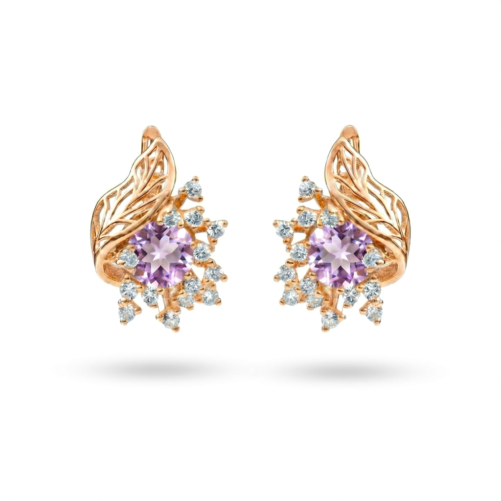 3.12 Ct Round Purple Amethyst Prong 14K Rose Gold Over Silver Asymmetric Leaf Earrings
