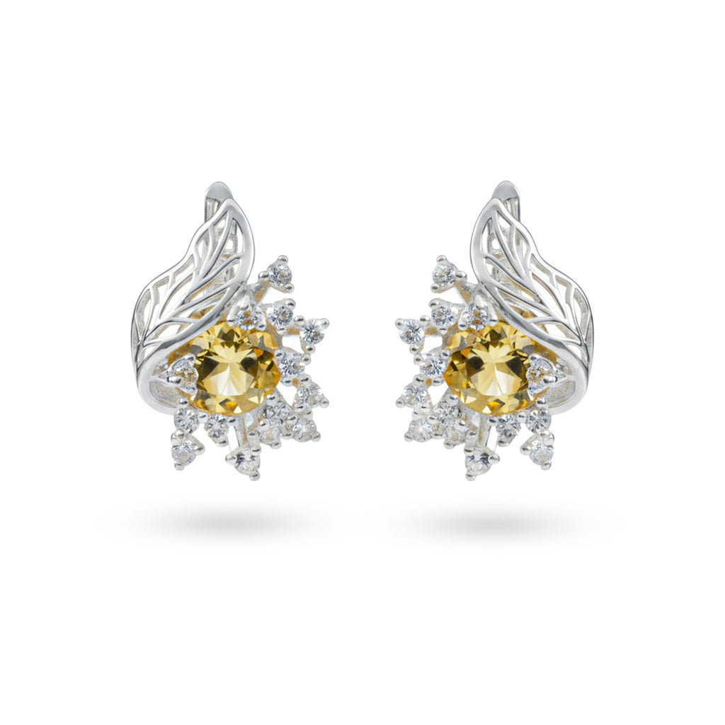 Yellow Natural Citrine Silver Floral Earrings