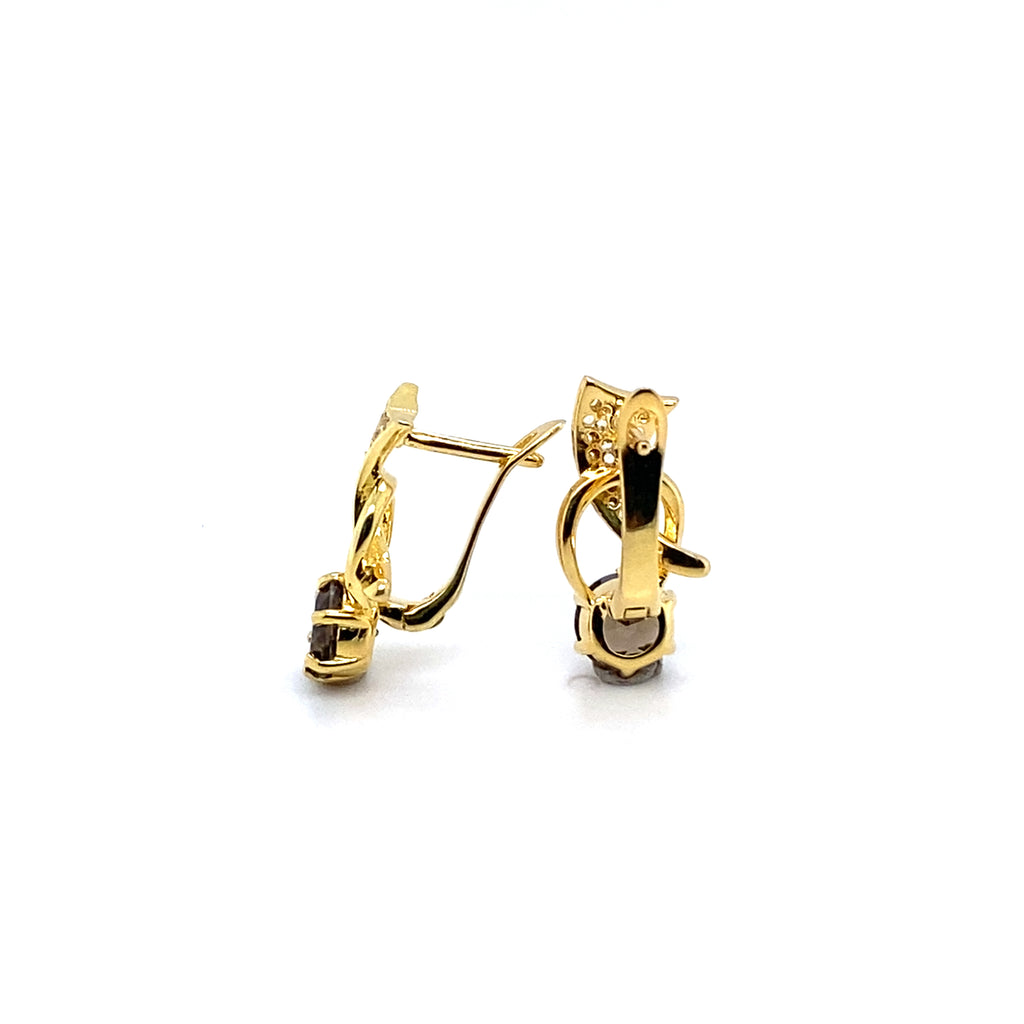 1.52 Ct Round Smoky Quartz Prong 14K Yellow Gold Over Silver Wave Huggie Earrings