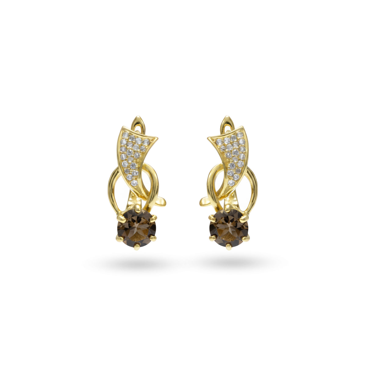 1.52 Ct Round Smoky Quartz Prong 14K Yellow Gold Over Silver Wave Huggie Earrings